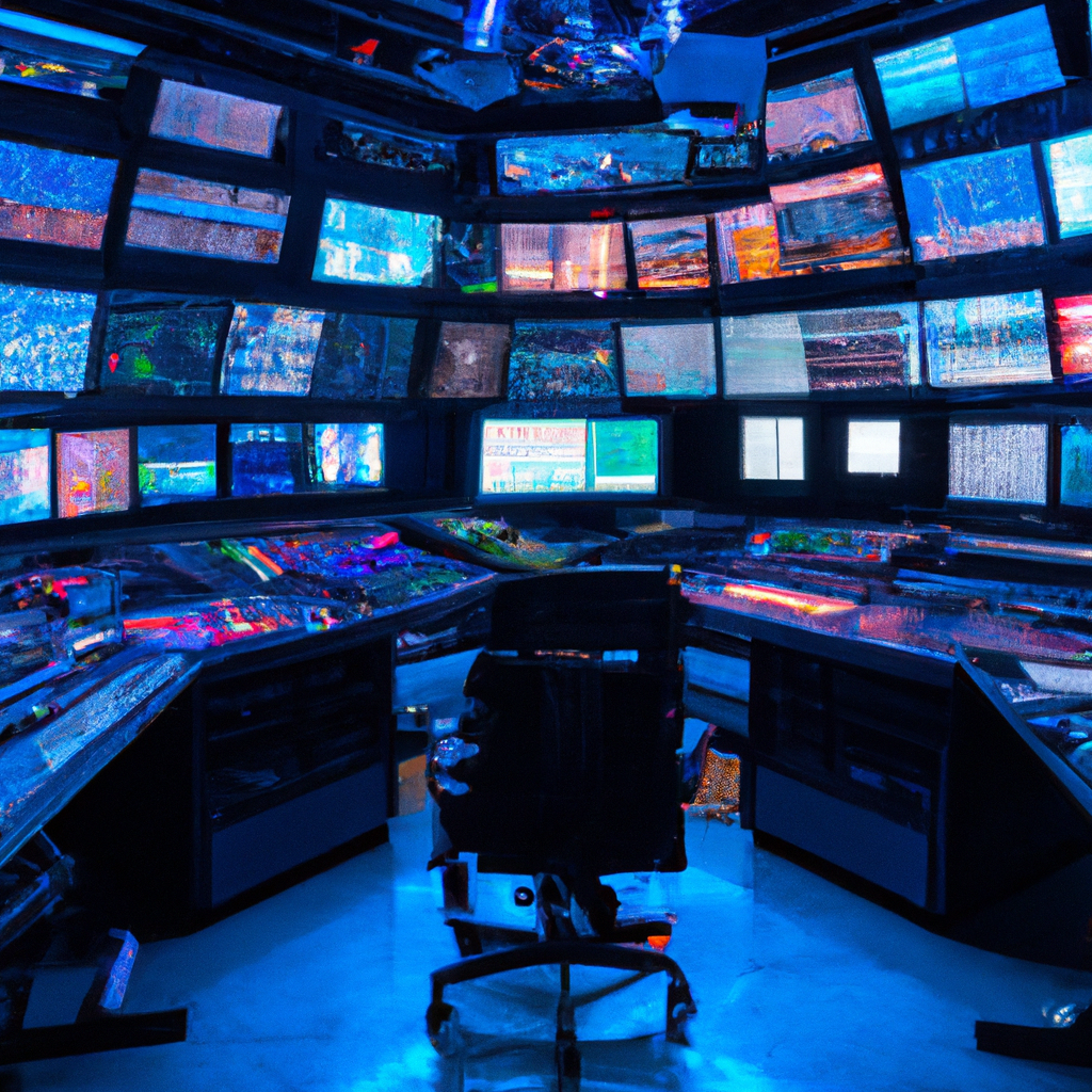 Toronto flagship news control room with multiview monitors, audio console, intercom racks, LED meters and cool blue ambience