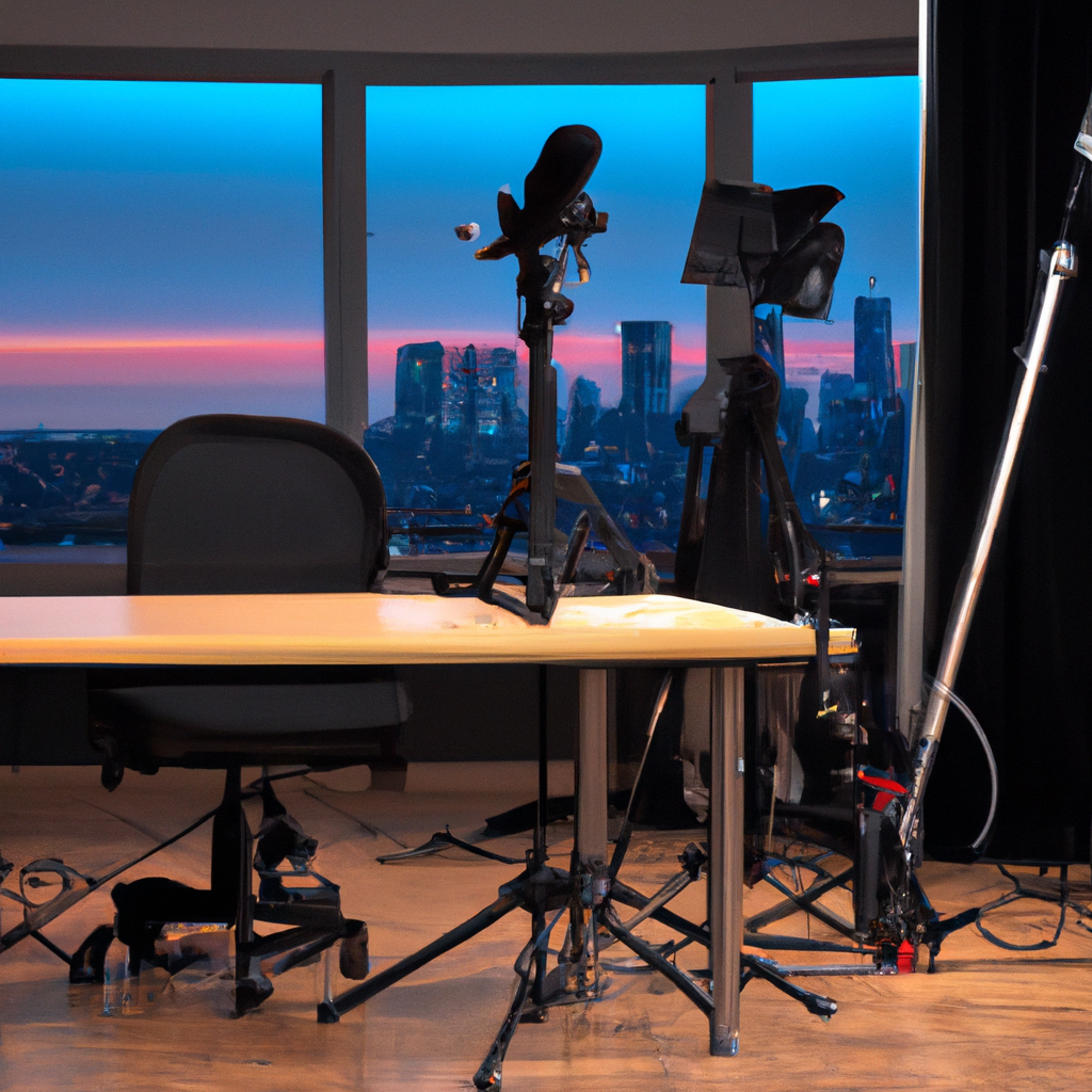 Ultra-detailed minimalist Canadian news studio with softbox lighting, glass desk, 4K broadcast cameras, fiber connectivity, and Toronto skyline backdrop at dusk